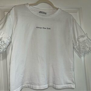 Zara White Lace Sleeve T-Shirt